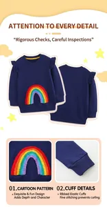 Detail of ruffle shoulder design and colorful rainbow towel embroidery on navy cotton sweatshirt