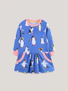 Vestido de Algodón de Manga Larga para Niñas Estampado de Pingüino Cuello Redondo Bolsillo de Contraste Rosa Princesa