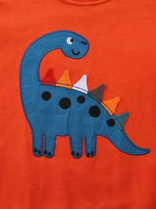 Orange cotton boy sweatshirt featuring a blue cartoon dinosaur applique and embroidery