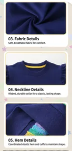 Detail view of cotton sweatshirt with frilled collar and colorful sequin trim on rib hem