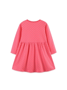 Pink long-sleeve toddler princess dress with white polka dots and high waist pleated skirt