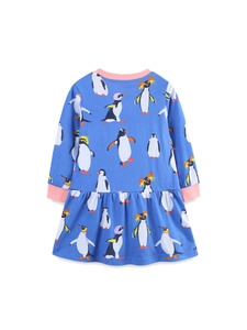 Vestido de niña azul real de manga larga con estampados de pingüinos y bordes rosa