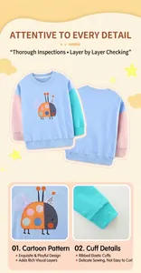 Detail of color-block girl sweatshirt with ladybug embroidery and ribbed cuffs