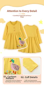 Dettagli del vestito giallo a pois con ricamo ad anatra e trama in cotone fine