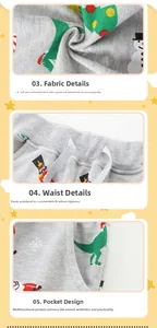 Detailed views of cotton kids joggers showing elastic waist, pockets and Christmas dinosaur print