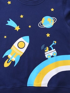 Sweat-shirt enfant en coton bleu marine avec imprimé fusée spatiale et finitions côtelées
