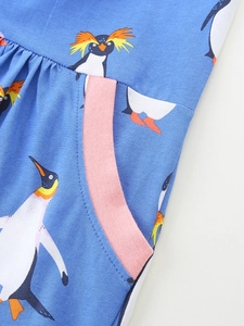 Vestido de niña manga larga azul real con estampado de pingüino y bolsillo lateral