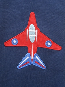 Toddler boys' navy joggers featuring a red cartoon airplane embroidery patch detail