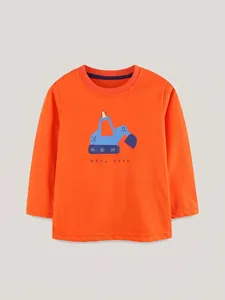 T-Shirt à Manches Longues en Coton pour Garçons Mode Imprimé Excavatrice Cartoon Automne Enfants Haut Orange