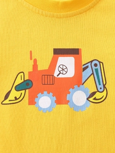 Gelbes Kinder Langarmshirt mit Cartoon Baustellenfahrzeug Aufdruck und Rundhalsausschnitt