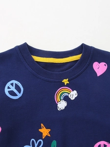 Navy blue girls sweatshirt with vibrant rainbow and heart graphic prints on cotton fabric