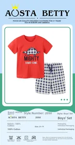Detail view of 100% cotton boys summer set with red dinosaur t-shirt and plaid shorts