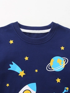 Sweat-shirt bleu marine pour garçons avec imprimés espace et fusée en coton tricoté souple