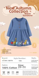 Detail of cotton knit girls dress with polka dots and animal embroidery artwork