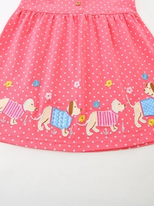 Pink polka dot cotton dress for girls with detailed embroidery of cute puppies