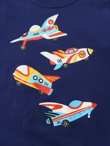 Dunkelblaues Langarm-Sweatshirt für Jungen mit bunten Comic-Flugzeugmotiven und Rippkragen