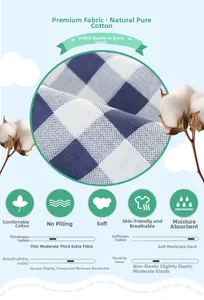 Detail of blue and white plaid cotton fabric showing texture and breathability specs