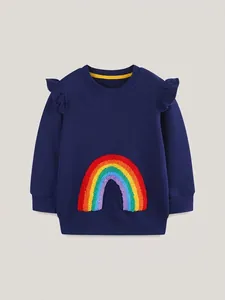 Girls Casual Cotton Rainbow Embroidered Sweatshirt Ruffle Shoulder Long Sleeve Navy Blue Kids Autumn Pullover Tops