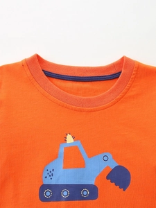 T-shirt manches longues orange pour garçon en coton avec imprimé pelleteuse bleue et col rond