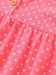 Pink polka dot long sleeve cotton dress for girls with wooden button detail and ruffles