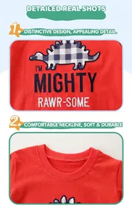 Detailed close-up of red cotton t-shirt with dinosaur applique and embroidered slogan