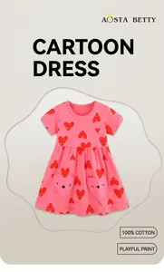 Detail of 100% cotton pink girls dress with red heart prints and cute pocket patches