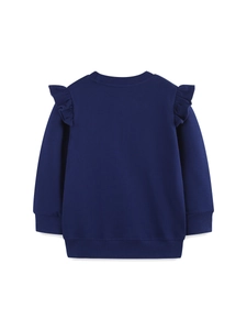Girls dark blue sweatshirt with ruffle shoulders and ribbed crew neck for autumn