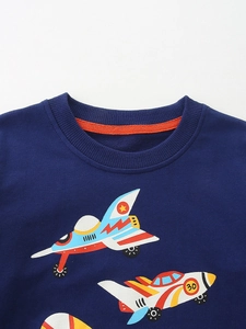 Dunkelblauer Kinder-Sweatshirt aus Baumwolle mit Rundhalsausschnitt und Flugzeug-Print