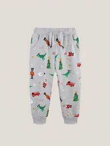 Boys Christmas Joggers Cotton Elastic Waist Drawstring Pants Festive Cartoon Dinosaur Santa Print Autumn Winter Sweatpants