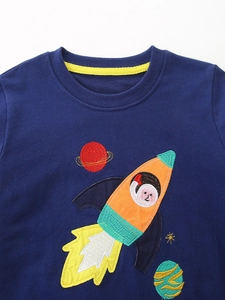 Boys navy long sleeve sweatshirt featuring detailed rocket and space theme embroidery