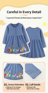 Detail of baby girl blue polka dot dress featuring animal embroidery and wooden buttons