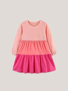 Robe de Princesse à Manches Longues en Coton pour Filles Robe Décontractée en Tricot Patchwork Rose à Étages pour Enfants