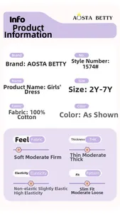 Size chart and fabric specifications for girl's cotton dress with heart print pattern