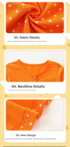 Vues détaillées de la robe orange à pois pour fille montrant l'encolure et les tissus fins