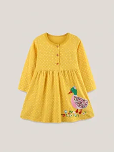 Abito da Bambina Giallo a Pois a Maniche Lunghe Con Ricamo Anatra in Cotone a Maglia Autunnale Abito da Principessa per Bambini