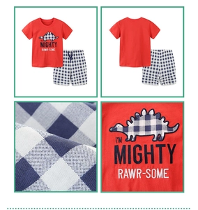 Detail of boys red cotton T-shirt with dinosaur embroidery and blue gingham shorts set
