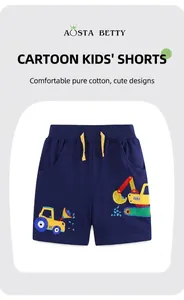 Close-up of cotton boys navy shorts featuring colorful excavator and bulldozer embroidery