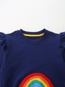 Girls navy blue sweatshirt with ruffled shoulders and colorful rainbow embroidery