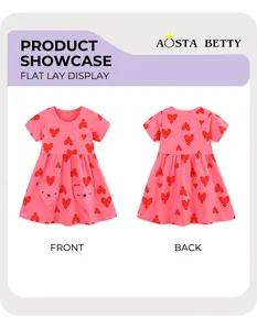 Front and back view of girls pink short sleeve summer dress with red heart prints