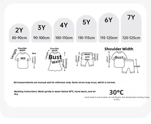 Size guide for boys' embroidered set covering heights 80cm to 125cm with washing icons