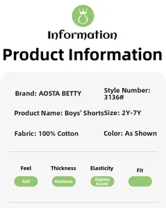 Size chart and fabric details for boys cotton knit shorts with embroidery features