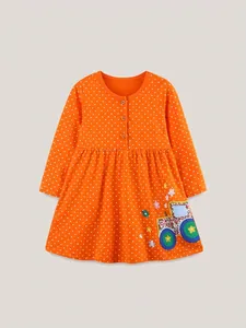 Robe à Manches Longues en Tricot 100% Coton pour Filles Orange à Pois Broderie de Tracteur de Dessin Animé Robe de Soirée