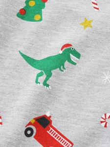 Kids grey jogger pants with festive dinosaur, Christmas tree and fire truck patterns