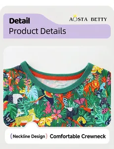 Détail de l'encolure ronde pour enfants avec motif jungle et col côtelé vert