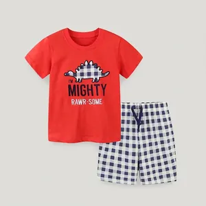 Boys Summer Cotton Clothing Set Red Short Sleeve Dinosaur Embroidery T-Shirt And Blue White Plaid Shorts For Toddler Wear