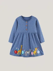 Girls Long Sleeve Cotton Dress Animal Embroidery Polka Dot Princess Dress For Kids Age 3-8 Fashion Spring Fall Outfits