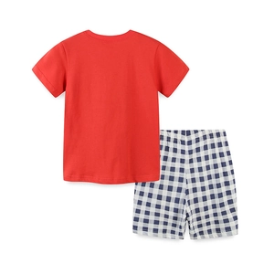 Boys red short sleeve t-shirt and blue checkered shorts casual cotton summer outfit set