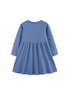 Navy blue long sleeve girls dress with white polka dot print and pleated high waist