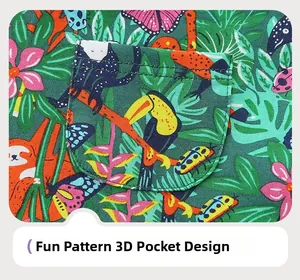 Détail d'une robe en coton pour fille avec imprimé tropical et poche 3D