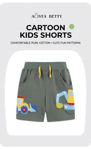 Detail of army green boys' shorts featuring excavator embroidery and yellow drawstring